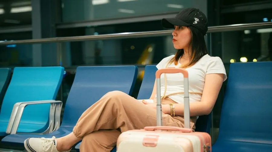 공항 대기실 의자에 캐리어를 옆에 두고 지친 표정으로 앉아 있는 여행자